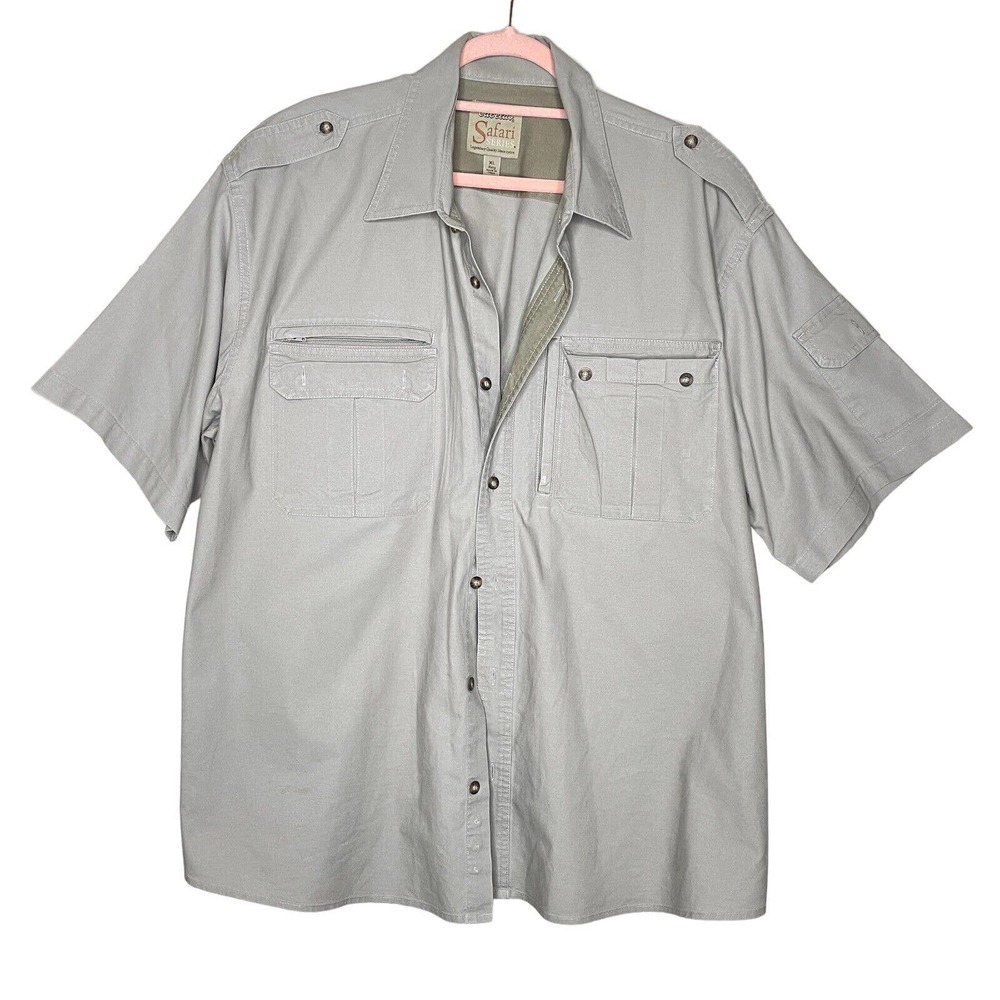 Cabela's Safari XL Mens Gray Short Sleeve Chest Pockets Collared Button Up Shirt